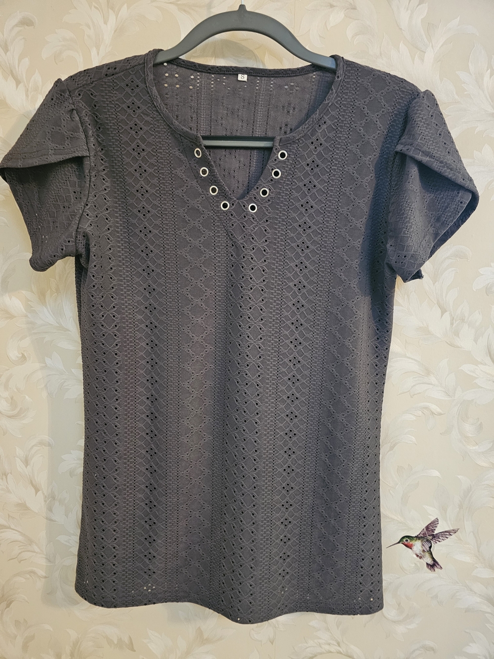 Eyelet Knit Short-Sleeve Tunic - Charcoal